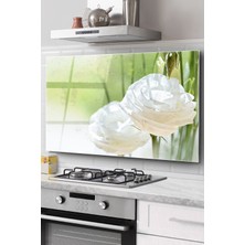 Ne Verelim Size Ocak Arkası Cam Koruyucu Tezgah Ankastre Arkası Koruyucu | Beyaz Gül Desenli