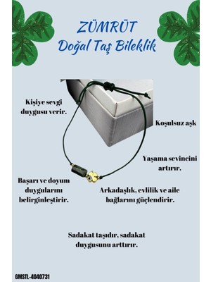 Doğal Taş Dünyası Sertifikalı Zümrüt Doğal Taş Bileklik Yonca Obje Detaylı Makrome Örgülü Kilit El Işçiliği