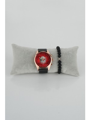 Stony Osmanlı Amblemi Kırmızı Fon Nokta Kadran Erkek Kol Saati Bileklik Hediye