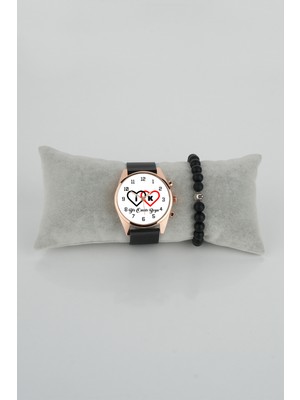 Stony Kadın Kol Saati Çift Kalp Siyah Kırmızı Bileklik Hediye Kişiselleştirilebilir