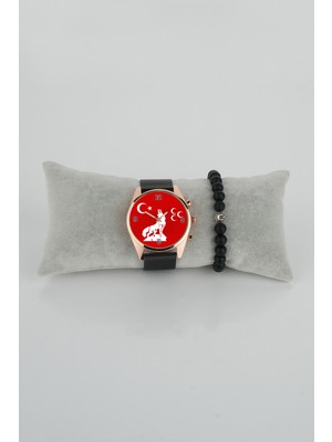 Stony Ay Yıldız 3 Hilal Bozkurt Uluyan Kurt Tasarım Kırmızı Fon Kadın Kol Saati Bileklik Hediye