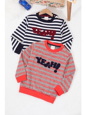 Cansın Mini Erkek Bebek Yazı Nakışlı Çizgili 2li Sweatshirt Lacivert-Kırmızı 17333