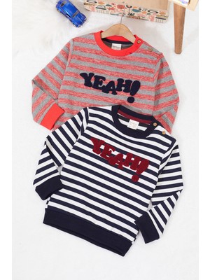 Cansın Mini Erkek Bebek Yazı Nakışlı Çizgili 2li Sweatshirt Lacivert-Kırmızı 17333