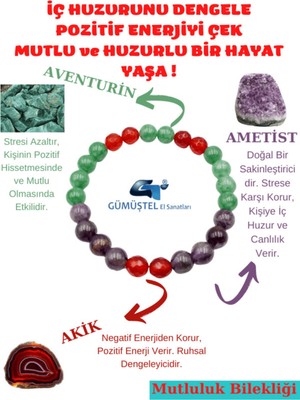Doğal Taş Dünyası Sertifikalı Mutluluk Iç Huzur Pozitif Enerji Doğal Taş Tılsım Bilekliği Aventurin-Ametist-Akik