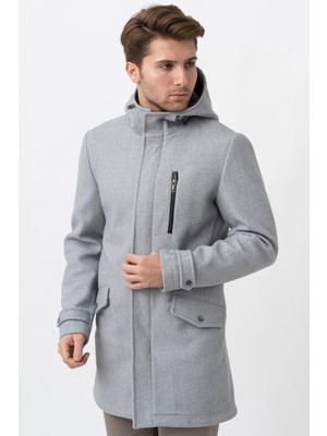 White Stone Gri Slim Fit Kapüşonlu Fermuar Kapamalı Cepli Kaşe Kaban