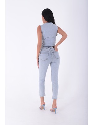 Richmost Yüksek Belli ve Yırtıklı Cepli Bilek Boy Kadın Kot Pantolon Normal Koyu Mavi Denim Dört Mevsim