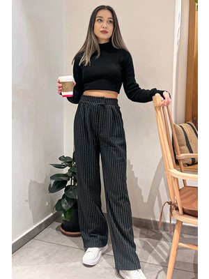 Julude Siyah Kadın Bel Cırtlı Çizgili Palazzo Pantolon P-00008048