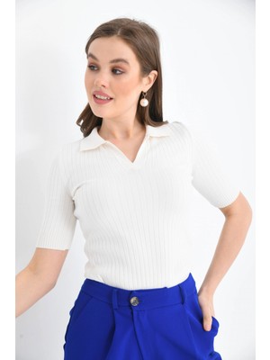 Parkkaron Kadın Slim Fit Pola Yaka Basic Triko Kısa Kol Kazak