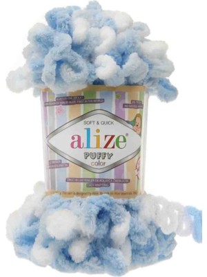 Alize 5 Adet Alize Puffy Elle Örülen Kadife Ip No 5865 Ebruli Mavi Beyaz