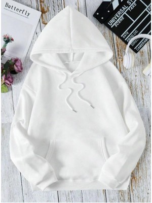 Touz Moda Y2K Butterfly Sırt Baskılı Oversize Unisex Beyaz Kapşonlu Hoodie Sweatshirt