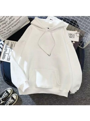 Touz Moda Basic Düz Oversize Unisex Beyaz Kapşonlu Hoodie Sweatshirt