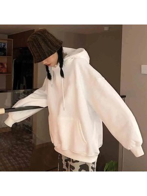 Touz Moda Basic Düz Oversize Unisex Beyaz Kapşonlu Hoodie Sweatshirt