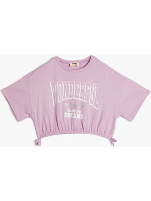 Koton Crop Tişört Kısa Kollu Bisiklet Yaka Kolej Baskılı Pamuklu