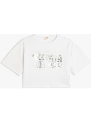 Koton Crop Oversize Tişört Baskılı Kısa Kollu Bisiklet Yaka Pamuklu