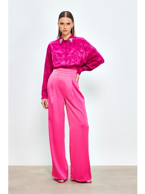 Sateen Cepli Salaş Saten Pantolon - Fuşya