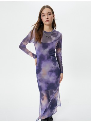 Koton Tül Kalem Elbise Midi Boy Uzun Kollu Yuvarlak Yaka Astarlı Yırtmaçlı