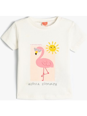 Koton Tişört Flamingo Baskılı Kısa Kollu Bisiklet Yaka Pamuklu
