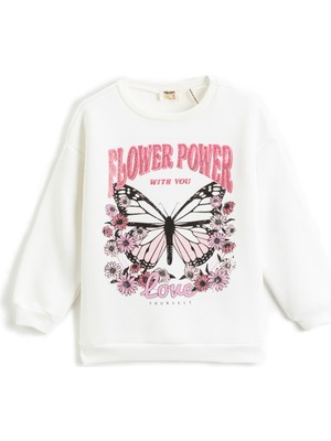 Koton Kelebek Baskılı Simli Sweatshirt Uzun Kollu Bisiklet Yaka