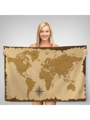 Ne Verelim Size Eskitme Dünya Haritası Vintage Dekoratif Kanvas Duvar Örtüsü-Halısı 1084