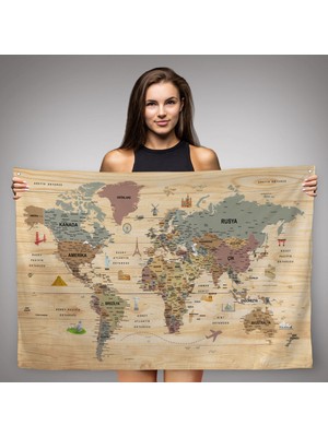 Ne Verelim Size Ahşap Görünümlü Türkçe Eğitici Detaylı Atlası Dekoratif Dünya Haritası  Duvar Örtüsü-Halısı 3844