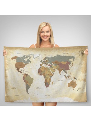 Ne Verelim Size Eskitme Dünya Haritası Vintage Dekoratif Kanvas Duvar Örtüsü-Halısı 1093