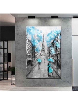 Ne Verelim Size Dekoratif Baskı Illüstrasyon Mavi Çiçekler Eyfel Kulesi Kanvas Tablo