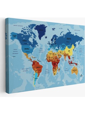 Ne Verelim Size Türkçe Dünya Haritası Ülke Başkentli ve Okyanuslu Dekoratif Kanvas Tablo 2194