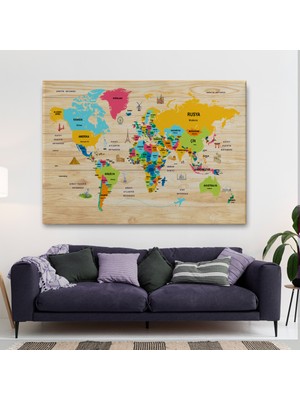 Ne Verelim Size Ahşap Görünümlü Türkçe Dünya Haritası Dekoratif Kanvas Tablo 2096