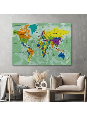 Ne Verelim Size Türkçe Dünya Haritası Ayrıntılı Eğitici-Öğretici Okyanuslu Dekoratif Kanvas Tablo 2502