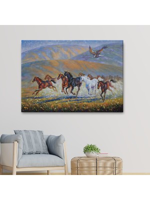 Ne Verelim Size At Sürüsü ve Kartal Yağlıboya Görünüm Dekoratif Kanvas Duvar Tablosu-3600