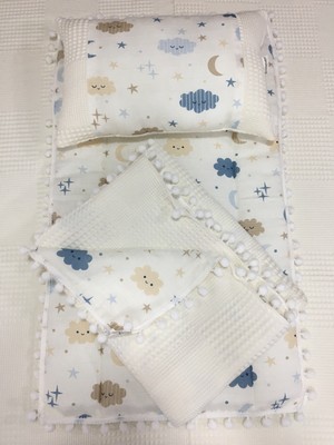 Busebabyhome Krem , Müslin ve Ponponlu Alt Açma , Yastık ve Battaniye 3'lü Set