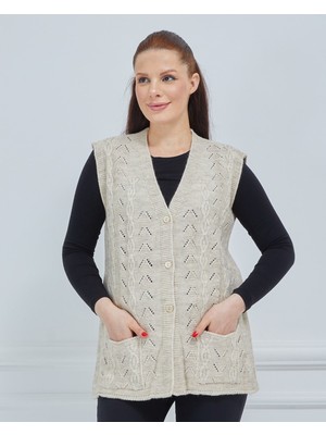 Fresh Moda Kadın V Yaka Zincir Örgü Cepli Yün Anne Triko Yelek