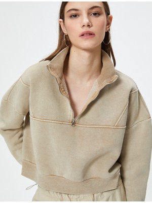 Koton Yarım Fermuarlı Crop Sweatshirt Rahat Kalıp Soluk Efektli Uzun Kollu Pamuklu