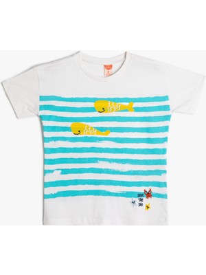 Koton Tişört Kısa Kollu Bisiklet Yaka Balık Baskılı Pamuklu