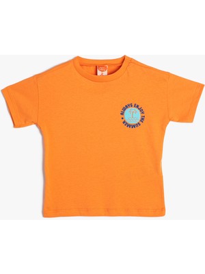 Koton Erkek Çocuk Kısa Kollu Pamuklu Tişört Turuncu Günlük Stil Bisiklet Yaka Grafik Desenli