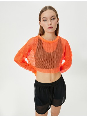 Koton Crop File Tişört Spor Uzun Kollu Bisiklet Yaka