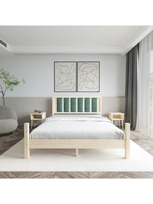 Orion Model Çağla Yeşili Puflu Başlıklı Doğal Çam Ahşap Karyola