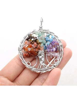 Doğal Taş Dünyası Sertifikalı Doğal Taş 7 Çakra Hayat Ağacı Tasarım Kolye Sürpriz Hediyeli 5x5 cm