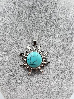 Doğal Taş Dünyası Sertifikalı Turkuaz Doğal Taş Kolye Güneş Detaylı
