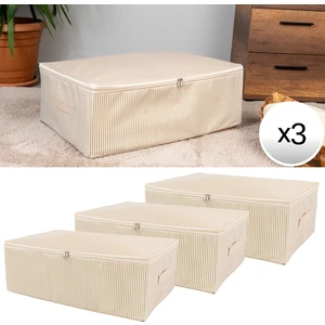 3 Adet Büyük Boy Çizgi Desen Baskılı Krem Baza Altı Düzenleyici Hurç Seti 60X40X20 cm