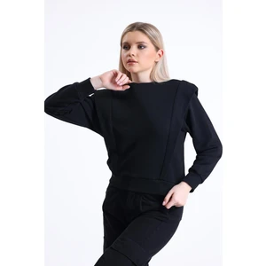 Siyah Omuz Detaylı Bisiklet Yaka Sweatshirt