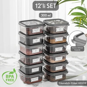 12'li Kapaklı Kare Erzak Saklama Kabı Seti Baharatlık Seti Etiketli 12X 300 ml
