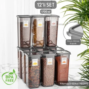 Meleni Home 12'li Set Jumbo Boy Sızdırmaz Kapaklı Kare Erzak Saklama Kabı Antrasit 12 x 1.70 Lt Etiketli