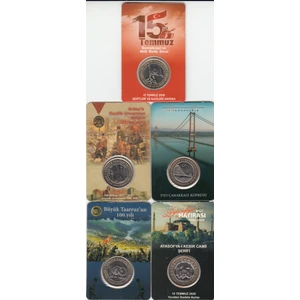 3Alp Koleksiyon 5 'li Hatıra 1 Lira Para Kiti Seti, Ayasofya, Antep, Çanakkale, 15 Temmuz, Büyük Taaruz "çil"
