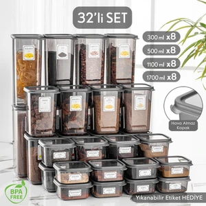 Meleni Home 32'li Etiketli Kapaklı Kare Erzak Saklama Kabı Seti 8x(0,3 Lt-0,5 Lt-1,1 Lt-1,7 Lt) Baharatlık