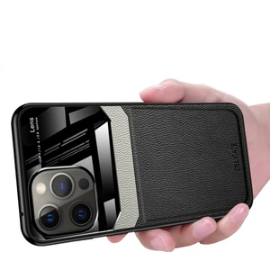 iPhone 15 Promax Için Ince Litchi Tpu Bumper Hibrit Cam Korumalı Kılıf Kapaklı - Siyah (Yurt Dışından)