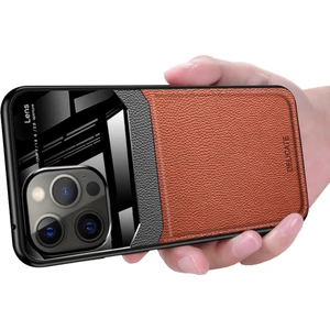 iPhone 15 Promax Için Ince Litchi Tpu Bumper Hibrit Cam Korumalı Kılıf Kapaklı - Kahverengi (Yurt Dışından)