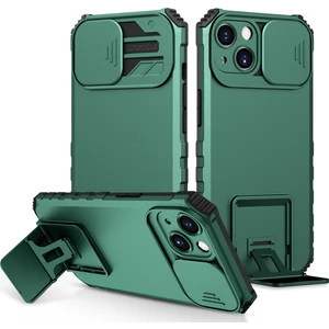 iPhone 15 Kayar Kamera Kapaklı Sağlam Standı Telefon Kılıfı - Yeşil (Yurt Dışından)