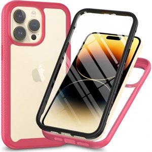 iPhone 14 Pro Max Için Yerleşik Ekran 360 Tam Koruma Telefon Kılıfı - Pembe (Yurt Dışından)