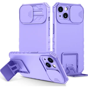 iPhone 15 Kayar Kamera Kapaklı Sağlam Standı Telefon Kılıfı - Mor (Yurt Dışından)